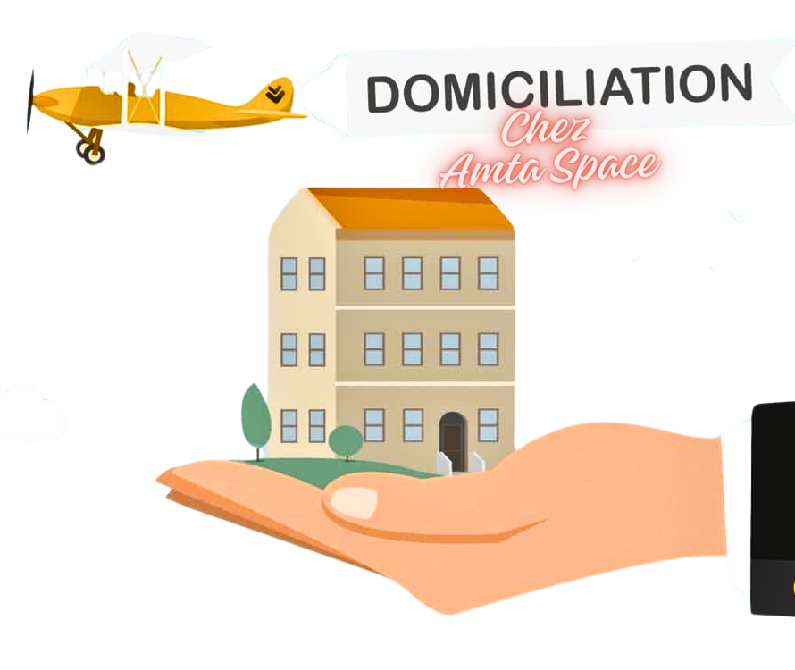 Service de domiciliation chez Amta Space avec une illustration d'un immeuble sur une main et un avion